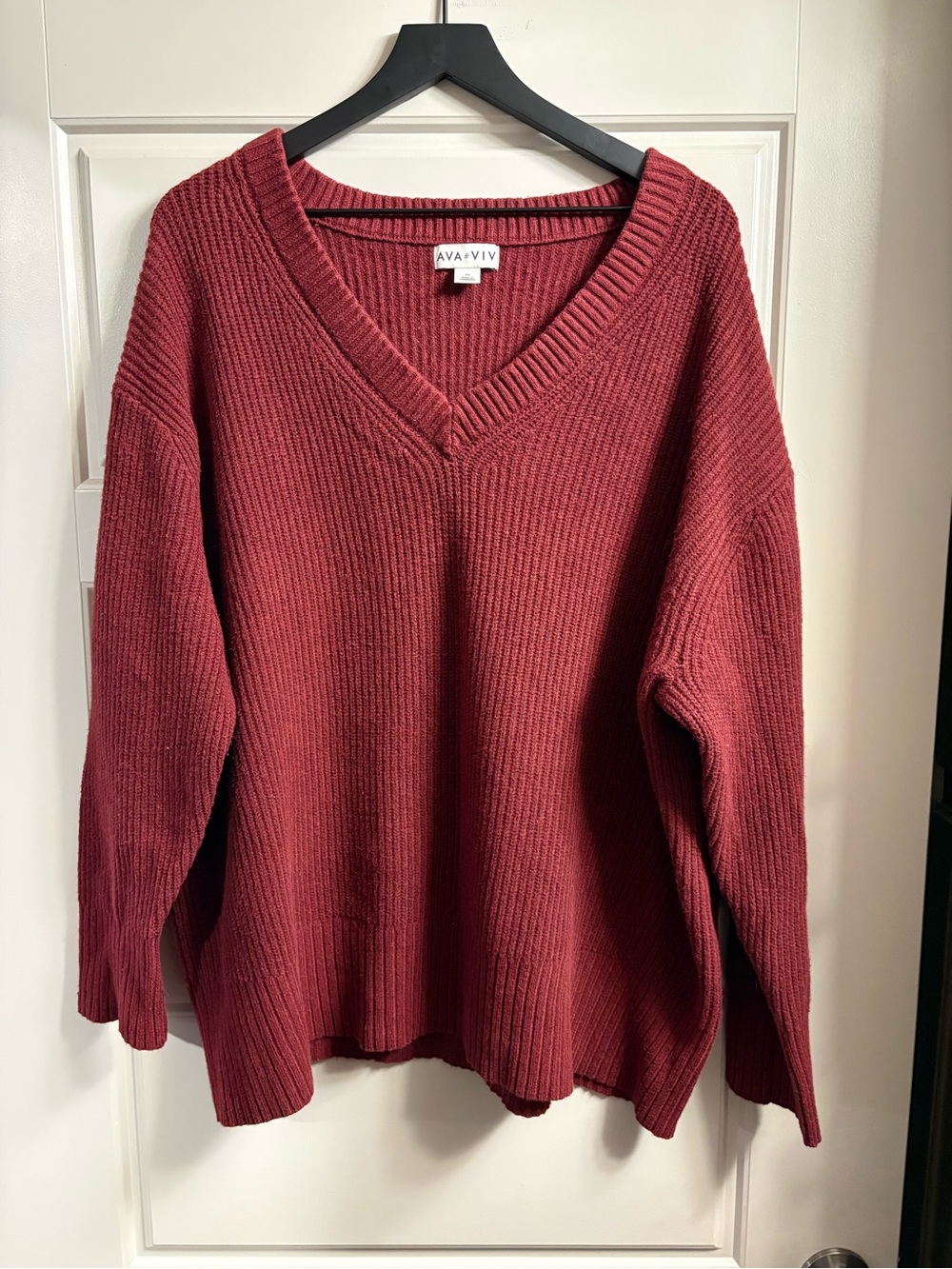 Ava & Viv Women's V-Neck Ribbed Sweater - Wine